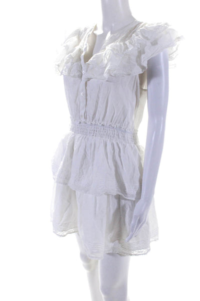 Love Shack Fancy Women's Round Neck Ruffle Sleeveless Tiered Mini Dress White M