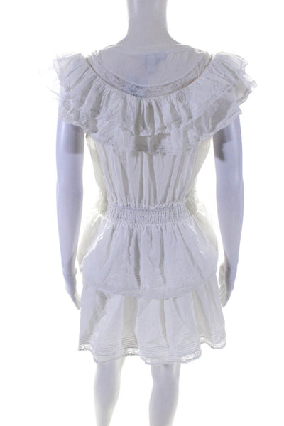 Love Shack Fancy Women's Round Neck Ruffle Sleeveless Tiered Mini Dress White M