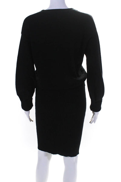 Toccin Womens Long Sleeve Three Button V Neck Ribbed Sweater Dress Black Small