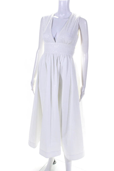 LDT Womens Back Zip Sleeveless Sequin Knit Midi Shift Dress White Size 2