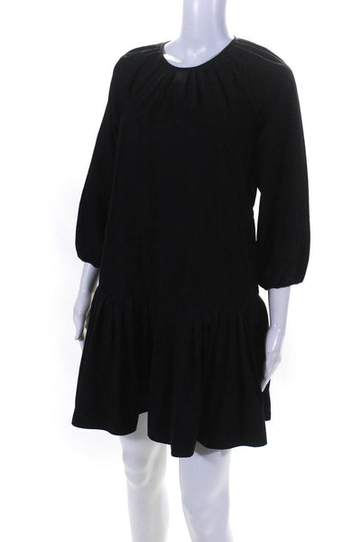 LDT Womens 3/4 Sleeve Crew Neck Knee Length Ruffled Shift Dress Black Size 2