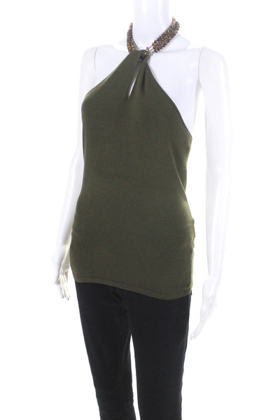 Ralph Lauren Black Label Womens Beaded Halter Knit Tank Top Blouse Green Small