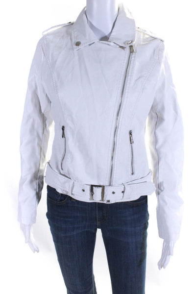 Coalition Womens Faux Leather Belted Motorcycle Jacket White Size Small