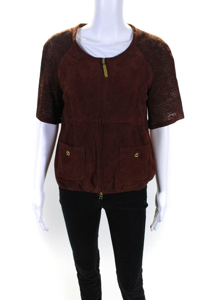 Roberto Cavalli Womens Suede Eyelet Half Sleeve Full Zip Jacket Brown Size M