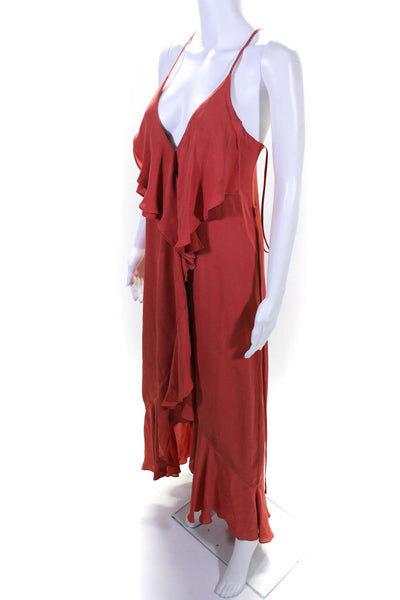 Intermix Women's Sleeveless V Neck Ruffle Midi Dress Orange Size S