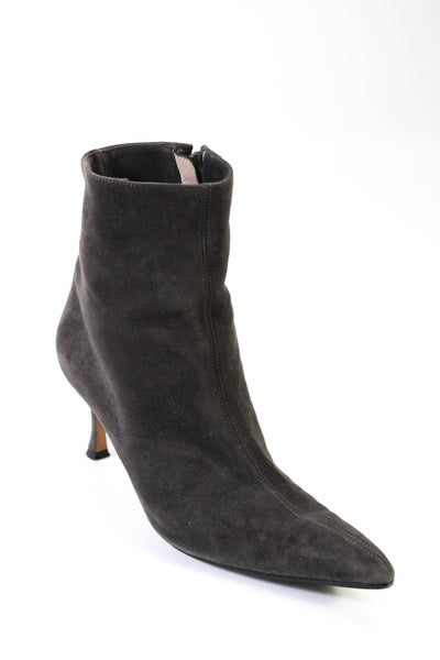 Manolo Blahnik Womens Suede Zippered Pointed Stiletto Booties Gray Size 7.5