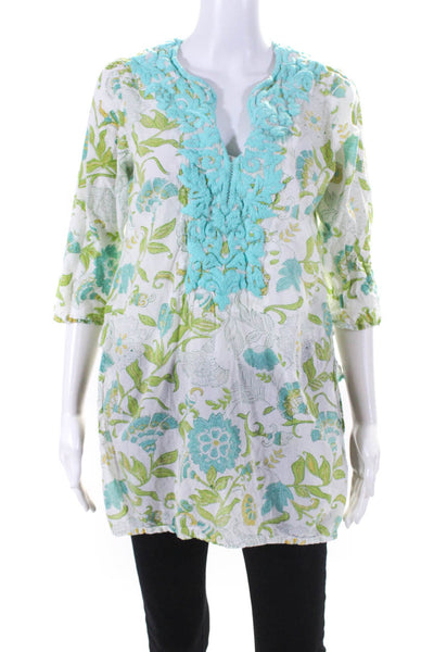 Roberta Roller Rabbit Womens Embroidered Floral Tunic Top Blue Green Size Small