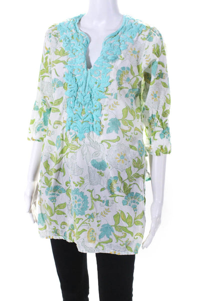 Roberta Roller Rabbit Womens Embroidered Floral Tunic Top Blue Green Size Small