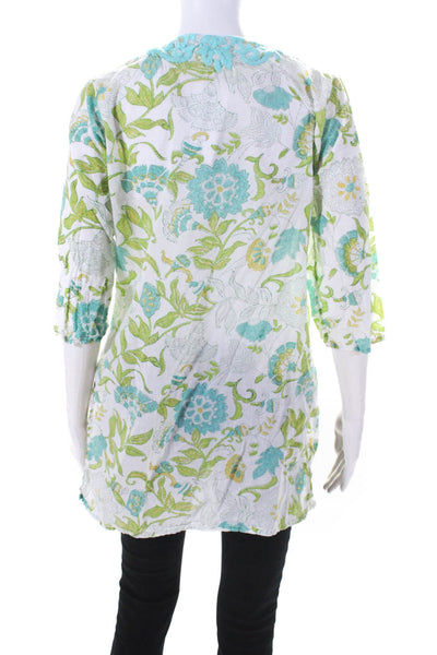 Roberta Roller Rabbit Womens Embroidered Floral Tunic Top Blue Green Size Small