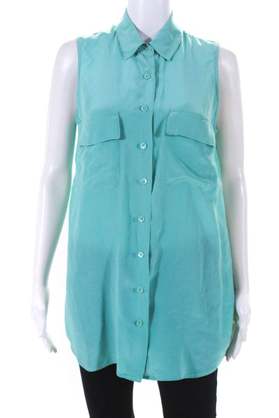 Equipment Femme Womens Sleeveless Button Up Top Blouse Turquoise Silk Size Small