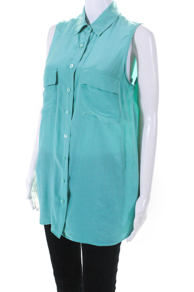 Equipment Femme Womens Sleeveless Button Up Top Blouse Turquoise Silk Size Small