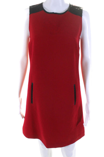 C Wonder Womens Round Neck Leather Trim Sleeveless A-Line Mini Dress Red Size XS