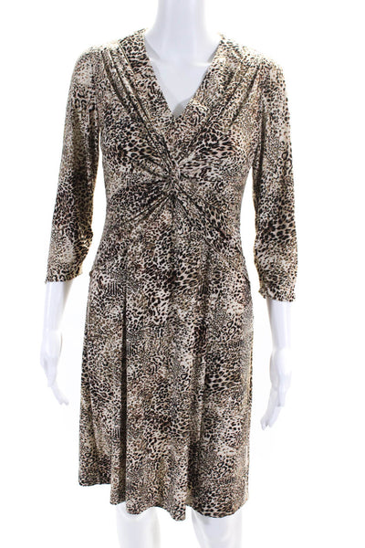 Leggiadro Womens 3/4 Sleeve Cheetah Print Zip Up Knee Length Dress Beige Size 4