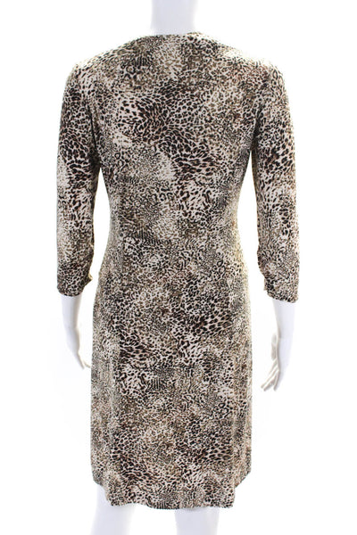 Leggiadro Womens 3/4 Sleeve Cheetah Print Zip Up Knee Length Dress Beige Size 4