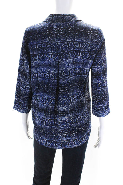 Rory Beca Womens Silk 3/4 Sleeve Collared Snakeskin Print Blouse Blue Size XS