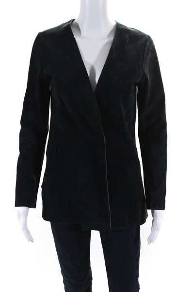 Ecru Womens Suede Long Sleeve V-Neck Blazer Jacket w/ Pockets Navy Blue Size XS