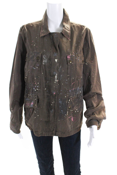 J Crew Collection Womens Paint Print Cargo Jacket Brown Cotton Size Large