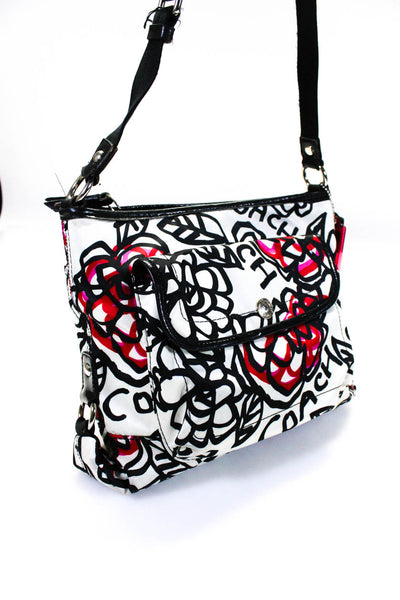 Coach Womens Satin Floral Printed Zip Top Crossbody White & Black Medium Handbag