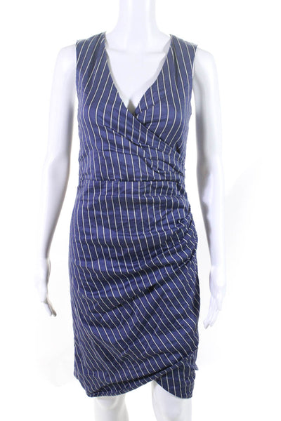 Nicole Miller Collection Womens Striped V Neck Ruched Dress Blue Cotton Size 6
