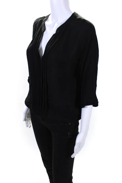 Joie Womens Short Sleeve Pleated Y Neck Top Blouse Black Silk Size Medium