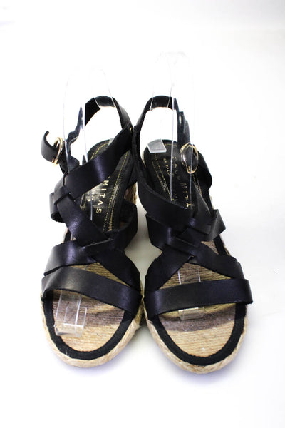Palomitas Womens Strappy Leather Espadrille Wedge Sandals Black Size 6