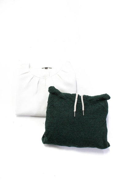 J Crew Womens Waffle Knit Blouse Drawstring Hoodie White Green Size 4 XL Lot 2