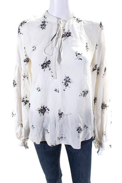 ALC Women's Round Neck Long Sleeves White Floral Silk Blouse Size 4