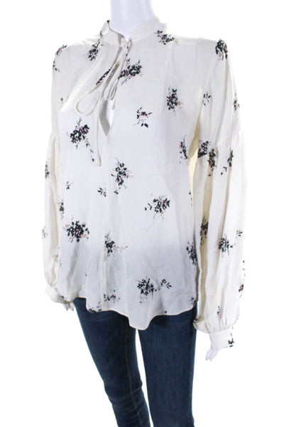 ALC Women's Round Neck Long Sleeves White Floral Silk Blouse Size 4