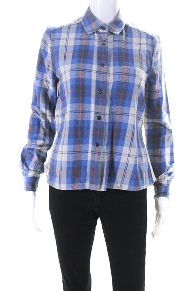 Sea New York Womens Long Sleeve Button Up Plaid Shirt Blue White Cotton Size 2