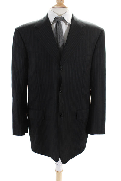 Canali Mens Wool Striped Print Notched Lapel Three Button Blazer Black Size 60 R