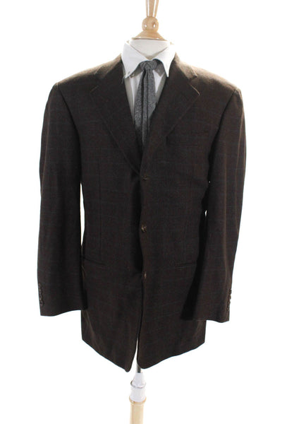 Hickey Freeman Mens Wool Tweed Check Print Three Button Blazer Brown Size 42R
