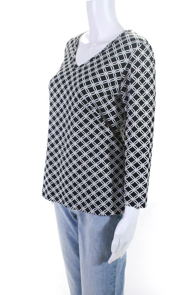 J. Mclaughlin Womens 3/4 Sleeve V Neck Knit Shirt Black White Size Medium