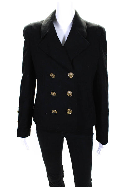 Tory Burch Womens Star Buttons Double Breasted Pea Coat Black Size 6