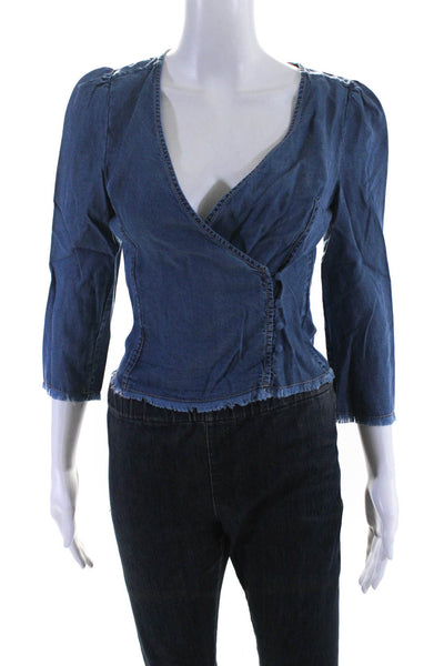 Intermix Womens Side Buttoned V-Neck Long Sleeve Denim Blouse Top Blue Size 0