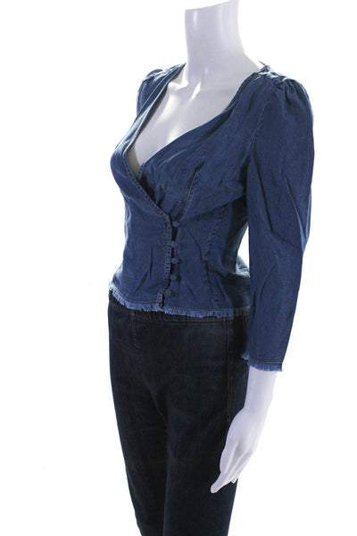 Intermix Womens Side Buttoned V-Neck Long Sleeve Denim Blouse Top Blue Size 0