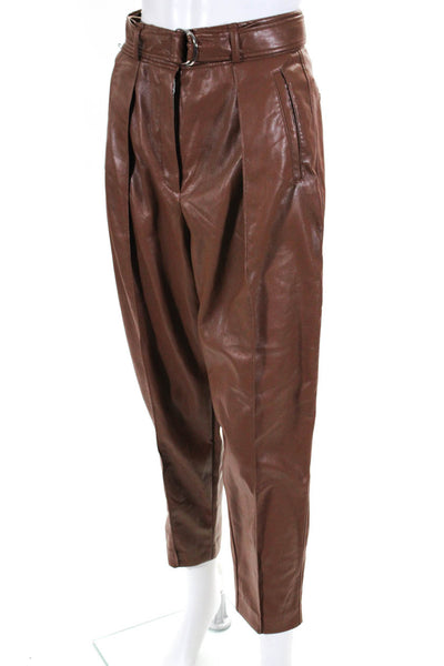 Babaton Women's Belted Flat Front Straight Leg Vegan Leather Pant Brown Size 4