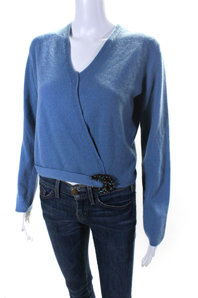 Maglia Women's V-Neck Long Sleeves Embellish Sweater Light Blue Size S