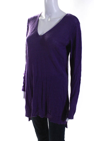 Eileen Fisher Womens Thin Knit Ribbed V Neck Tunic Sweater Purple Size XL
