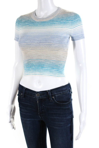 Intermix Womens Striped Round Neck Short Sleeved Knit Top Blue White Size P