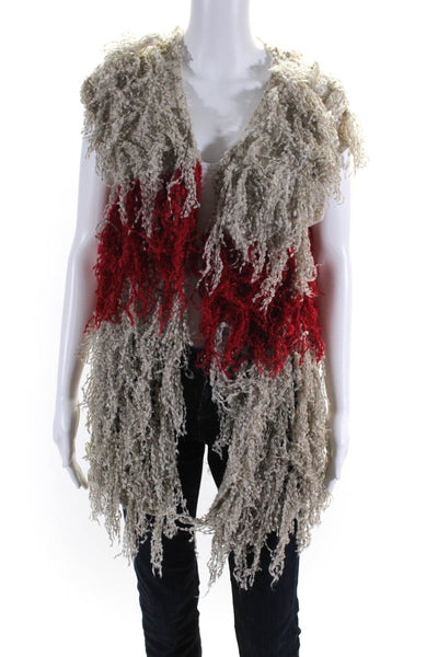 Ella Moss Womens Open Knit Fringe Sweater Vest White Red Size Extra Small