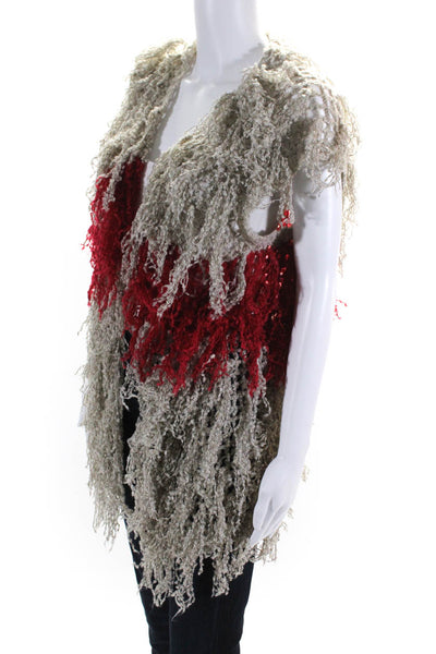 Ella Moss Womens Open Knit Fringe Sweater Vest White Red Size Extra Small