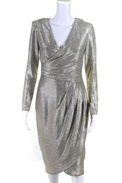 Adrianna Papell Womens Metallic V-Neck Long Sleeve Back Zip Dress Silver Size 2