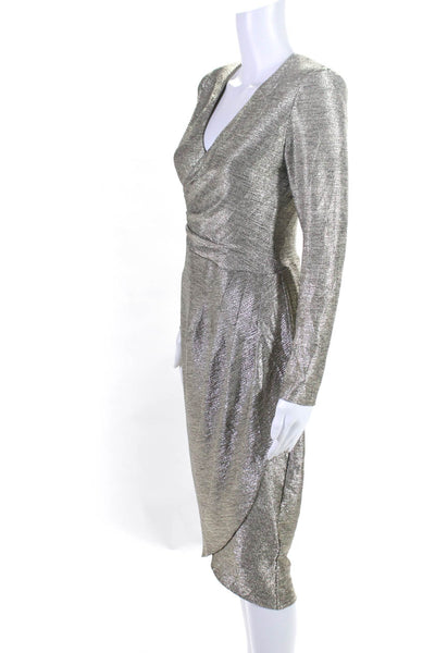 Adrianna Papell Womens Metallic V-Neck Long Sleeve Back Zip Dress Silver Size 2