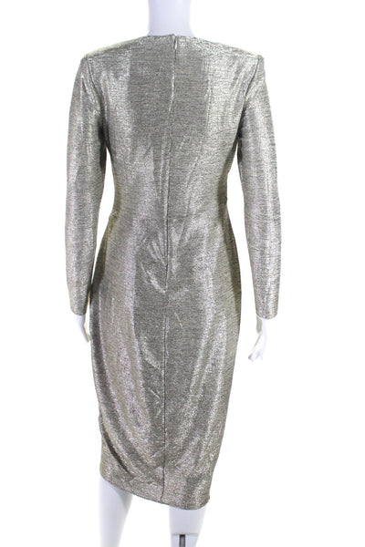 Adrianna Papell Womens Metallic V-Neck Long Sleeve Back Zip Dress Silver Size 2