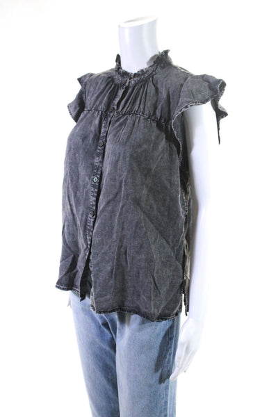 Rails Womens Acid Wash Ruffled Collar Cap Sleeve Button-Up Blouse Black Size XS