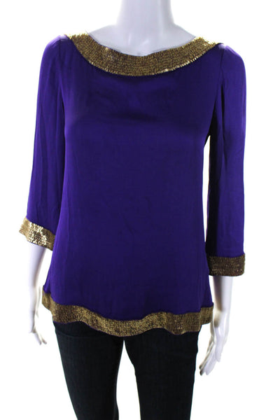 Alice + Olivia Womens Silk Embroider Bead Zip Long Sleeve Blouse Purple Size XS