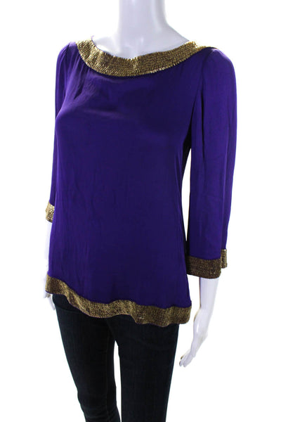 Alice + Olivia Womens Silk Embroider Bead Zip Long Sleeve Blouse Purple Size XS