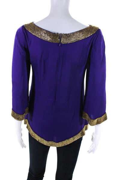 Alice + Olivia Womens Silk Embroider Bead Zip Long Sleeve Blouse Purple Size XS