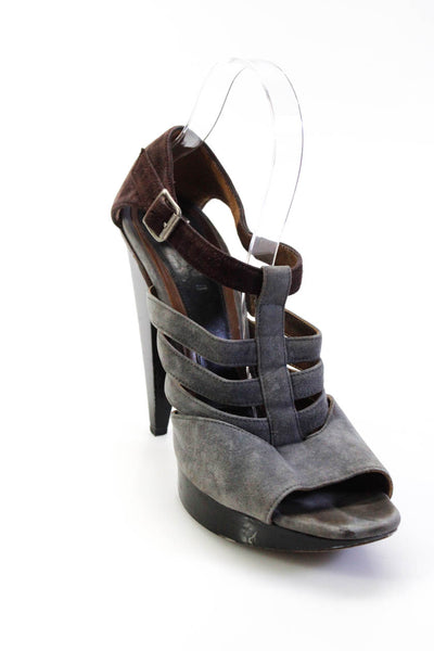 Marni Womens Cone Heel Platform Ankle Strap Sandals Gray Brown Suede Size 39