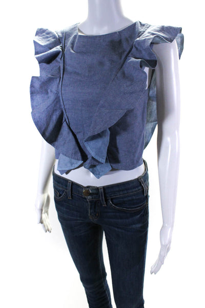 Viva Aviva Womens Cotton Silk Chambray Ruffled Crew Neck Crop Top Blue Size P
